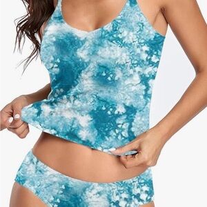 Upopby Women’s Tankini Swimsuit Gorgeous Blue Tie Dye, Top Is a S, Bottom Is L